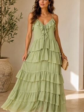 Torn by Ronny Kobo Sage Green Tiered Ruffle Maxi Dress